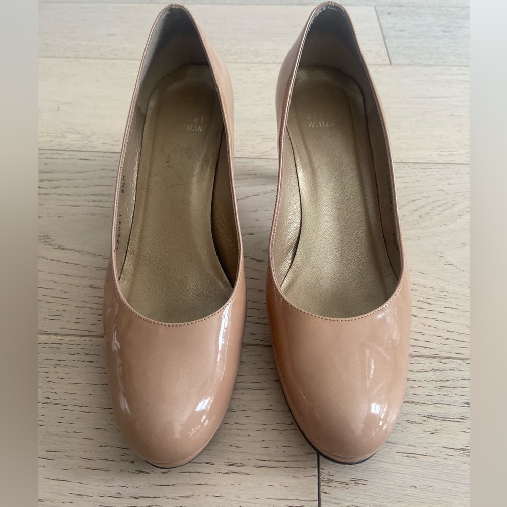 Stuart Weitzman Nude Patent Platform Pumps 8.5 Beige Classic Heels - Picture 5 of 10